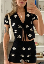 (Real Image)2022 Styles Women Fashion Summer TikTok&Instagram Styles Black Chrysanthemum Short Two Piece Suit