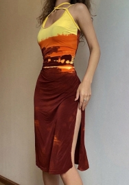 (Real Image)2022 Styles Women Fashion Summer TikTok&Instagram Styles Halter Print High Split Maxi Dress