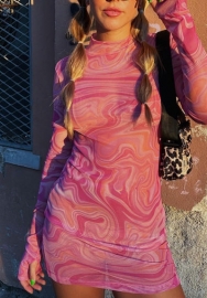 (Pink)2022 Styles Women Fashion Summer TikTok&Instagram Styles Print Green Mesh Long Sleeve Mini Dress
