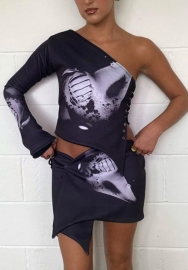(Real Image)2022 Styles Women Fashion Summer TikTok&Instagram Styles Black Print Two Piece Dress
