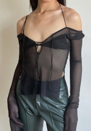 (Real Image)2022 Styles Women Fashion Summer TikTok&Instagram Styles Black Mesh Flare Long Sleeve Tee