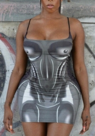 (Real Image)2022 Styles Women Fashion Summer TikTok&Instagram Styles Print Gray Strap Mini Dress