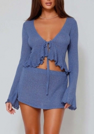 (Real Image)2022 Styles Women Fashion Summer TikTok&Instagram Styles Blue Flare Long Sleeve Two Piece Dress