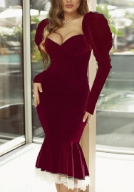 (Red)2022 Styles Women Fashion Summer TikTok&Instagram Styles Puff Long Sleeve Hem Midi Dress
