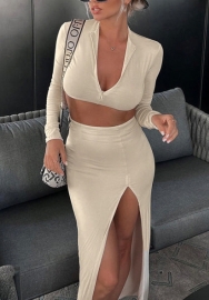 (Apricot)2022 Styles Women Fashion Summer TikTok&Instagram Styles Long Sleeve Crop Tops + Maxi Skirts Two Piece Dress