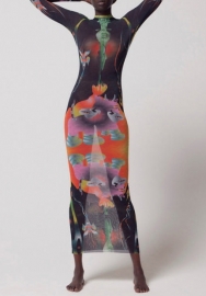 (Real Image)2022 Styles Women Fashion Summer TikTok&Instagram Styles Print 3D Long Sleeve Maxi Dress