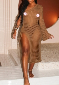 (Real Image)2022 Styles Women Fashion Summer TikTok&Instagram Styles Brown Sweater Single Long Sleeve Maxi Dress