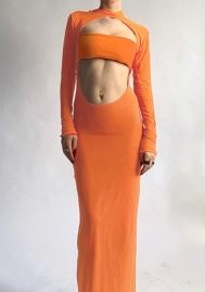 (Orange)2022 Styles Women Fashion Summer TikTok&Instagram Styles Long Sleeve Mesh Maxi Dress