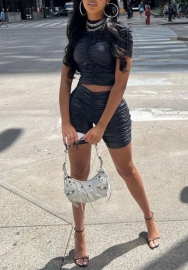 (Real Image)2022 Styles Women Fashion Summer TikTok&Instagram Styles PU Ruffle Short Two Piece Suit