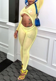 (Real Image)2022 Styles Women Fashion Summer TikTok&Instagram Styles Yellow Mesh Cut Out Jumpsuit