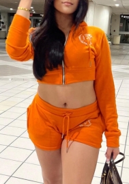 (Orange)2022 Styles Women Fashion Summer TikTok&Instagram Styles Hoodie Front Zipper Short Two Piece Suit