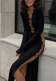 (Real Image)2022 Styles Women Fashion Summer TikTok&Instagram Styles Black Lace Up Maxi Dress