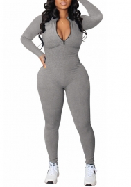 (Real Image)2022 Styles Women Fashion Summer TikTok&Instagram Styles Long Sleeve Front Zipper Solid Color Jumpsuit