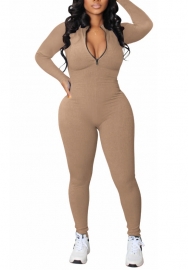 (Real Image)2022 Styles Women Fashion Summer TikTok&Instagram Styles Long Sleeve Front Zipper Solid Color Jumpsuit