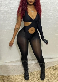 (Real Image)2022 Styles Women Fashion Spring&Winter TikTok&Instagram Styles Black Mesh Cut Out Jumpsuit