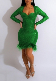 (Green)(Plus Size)2022 Styles Women Fashion Spring&Winter TikTok&Instagram Styles Sequin Long Sleeve Mini Dress