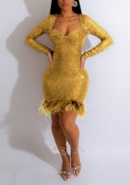(Yellow)(Plus Size)2022 Styles Women Fashion Spring&Winter TikTok&Instagram Styles Sequin Long Sleeve Mini Dress