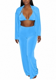 (Blue)2022 Styles Women Fashion Spring&Winter TikTok&Instagram Styles Solid Color Velvet Three Piece Suit