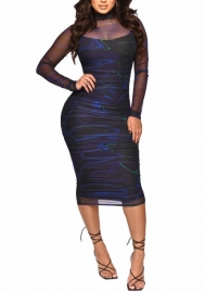 (Blue)2022 Styles Women Fashion Spring&Winter TikTok&Instagram Styles Mesh Long Sleeve Midi Dress