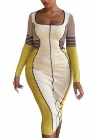 (Yellow)2022 Styles Women Fashion Spring&Winter TikTok&Instagram Styles Contrast Color Long Sleeve Midi Dress