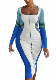 (Blue)2022 Styles Women Fashion Spring&Winter TikTok&Instagram Styles Contrast Color Long Sleeve Midi Dress