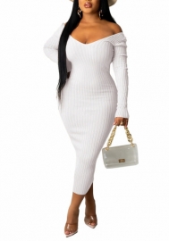 (White)2022 Styles Women Fashion Spring&Winter TikTok&Instagram Styles Solid Color Long Sleeve Midi Dress