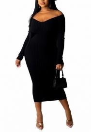 (Black)2022 Styles Women Fashion Spring&Winter TikTok&Instagram Styles Solid Color Long Sleeve Midi Dress