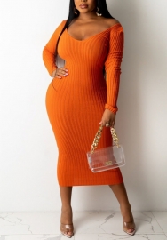 (Orange)2022 Styles Women Fashion Spring&Winter TikTok&Instagram Styles Solid Color Long Sleeve Midi Dress