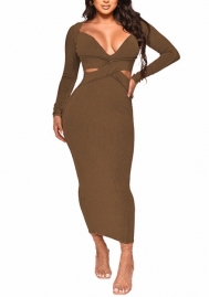 (Coffee)2022 Styles Women Fashion Spring&Winter TikTok&Instagram Styles Cut Out Long Sleeve Maxi Dress