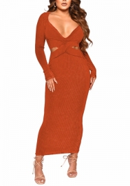 (Orange)2022 Styles Women Fashion Spring&Winter TikTok&Instagram Styles Cut Out Long Sleeve Maxi Dress