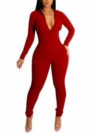 (Red)2022 Styles Women Fashion Spring&Winter TikTok&Instagram Styles  Deep V Neck Solid Color Jumpsuit