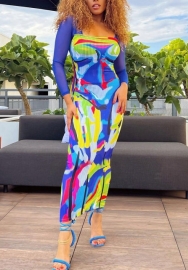 (Real Image)2022 Styles Women Fashion Spring&Winter TikTok&Instagram Styles Print Mesh Long Sleeve Maxi Dress