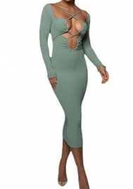(Green)2022 Styles Women Fashion Spring&Winter TikTok&Instagram Styles Long Sleeve Lace Up Maxi Dress