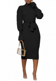 (Black)2022 Styles Women Sexy Spring&Winter TikTok&Instagram Styles OL Long Sleeve Midi Dress with Waist Tie