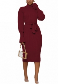 (Red)2022 Styles Women Sexy Spring&Winter TikTok&Instagram Styles OL Long Sleeve Midi Dress with Waist Tie