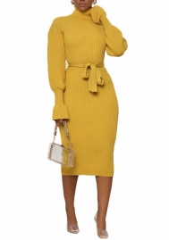 (Yellow)2022 Styles Women Sexy Spring&Winter TikTok&Instagram Styles OL Long Sleeve Midi Dress with Waist Tie