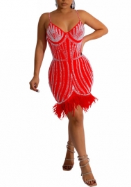 (Red)2022 Styles Women Sexy Spring&Winter TikTok&Instagram Styles Sequin Tassel Mini Dress