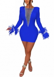 (Blue)2022 Styles Women Sexy Spring&Winter TikTok&Instagram Styles Mesh Sequin Long Sleeve Mini Dress