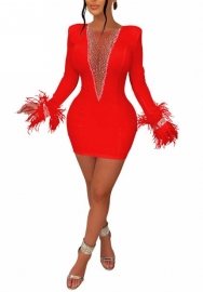 (Red)2022 Styles Women Sexy Spring&Winter TikTok&Instagram Styles Mesh Sequin Long Sleeve Mini Dress