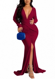 (Dark Red)2022 Styles Women Sexy Spring&Winter TikTok&Instagram Styles Cross V Neck Long Sleeve Maxi Dress