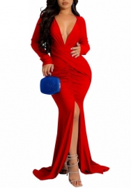 (Red)2022 Styles Women Sexy Spring&Winter TikTok&Instagram Styles Cross V Neck Long Sleeve Maxi Dress
