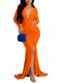 (Orange)2022 Styles Women Sexy Spring&Winter TikTok&Instagram Styles Cross V Neck Long Sleeve Maxi Dress
