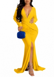 (Yellow)2022 Styles Women Sexy Spring&Winter TikTok&Instagram Styles Cross V Neck Long Sleeve Maxi Dress