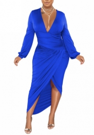 (Blue)2022 Styles Women Sexy Spring&Winter TikTok&Instagram Styles V Neck Long Sleeve Irregular Maxi Dress