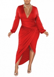 (Red)2022 Styles Women Sexy Spring&Winter TikTok&Instagram Styles V Neck Long Sleeve Irregular Maxi Dress