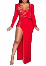 (Real Image)2022 Styles Women Sexy Spring&Winter TikTok&Instagram Styles Sequins Long Sleeve High Split Maxi Dress
