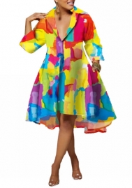 (Real Image)2022 Styles Women Sexy Spring&Winter TikTok&Instagram Styles Loose Print Front Button Hem Midi Dress