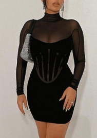 (Real Image)2022 Styles Women Sexy Spring&Winter TikTok&Instagram Styles Black Mesh Long Sleeeve Mini Dress