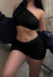 (Black)2022 Styles Women Sexy Spring&Winter TikTok&Instagram Styles Ruffle Short Two Piece Suit