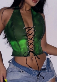 (Real Image)2022 Styles Women Sexy Spring&Winter TikTok&Instagram Styles Green Lace Up Halter Tops